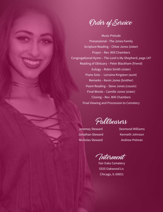 Magenta Funeral Program Inside Template | PosterMyWall