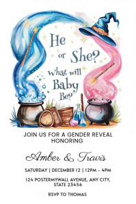 Magical He or She Gender Reveal Invitation – Pink & Blue Wizard Theme Poster template