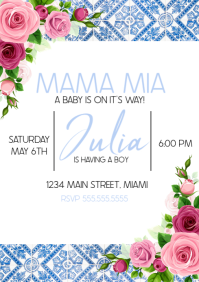 Mama Mia White Floral Baby Shower Invitation A4 template