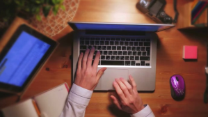 Man working on laptop online video YouTube-miniature template