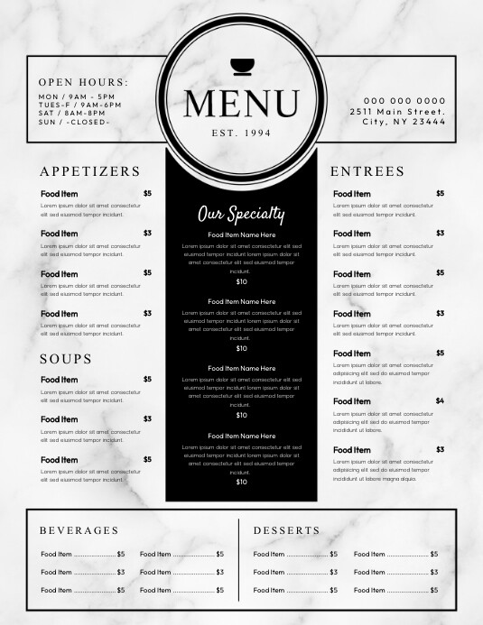 Off White Menu Marble Black & White Restaurant Menu Flyer | PosterMyWall