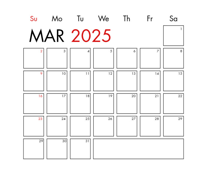 March 2022 Calendar Template Średni prostokąt