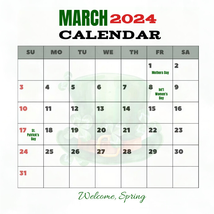 March Calendar Instagram na Post template