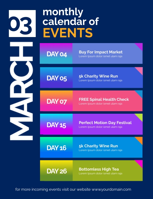 March Monthly Calendar of Events Flyer Poster template