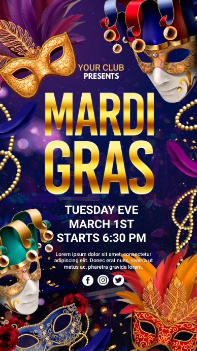 mardi gras, mardi gras party, fat tuesday งานแสดงผลงานแบบดิจิทัล (9:16) template