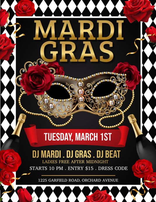 mardi gras, mardi gras party, fat tuesday Flyer (US Letter) template