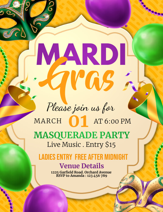 mardi gras, mardi gras party, fat tuesday Flyer (US Letter) template
