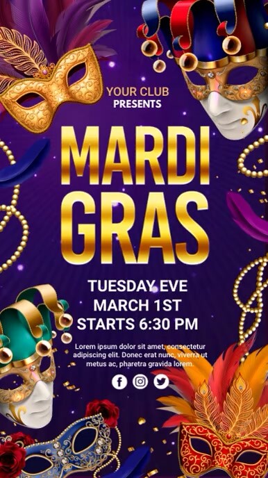 mardi gras, mardi gras party, fat tuesday Digital Display (9:16) template
