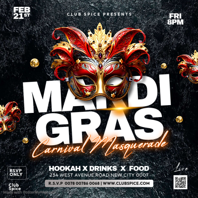 Mardi Gras Carnival Masquerade night club celebration party event invitation flyer poster template