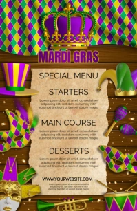 mardi gras carnival special menu flyer with masks, hats and musical insruments on wooden background Tabloid template