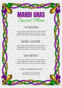mardi gras carnival special menu with beads and lily A4 template