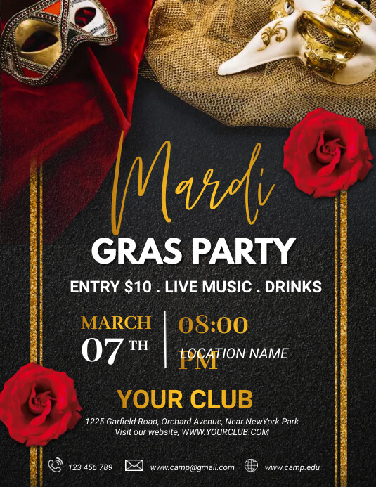 Mardi Gras Flyer, Carnival, Masquerade Ulotka (US Letter) template