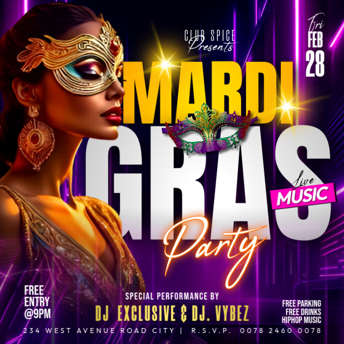 Mardi gras masquerade mask carnival night club music  party printables invitation templates flyer Instagram Plasing