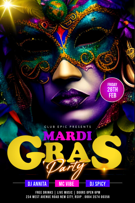 Mardi gras masquerade mask party carnival nightclub music party printables invitation template flyer Cartaz