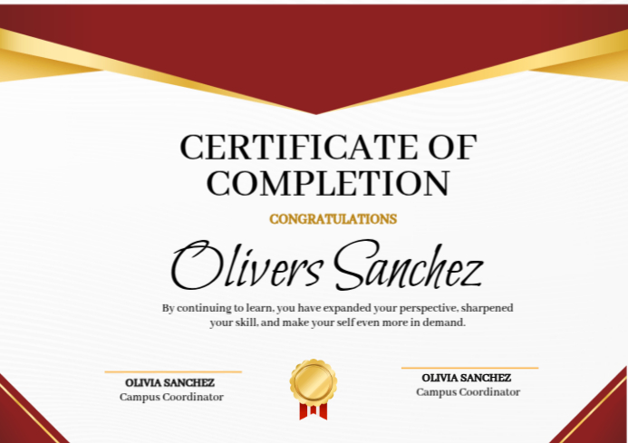 Maroon and Gold Elegant Certificate of Completion A4 template