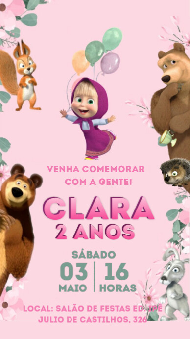 Masha e o Urso Convite Digital Pastel Masha  and bear birthday invitation História do Instagram template