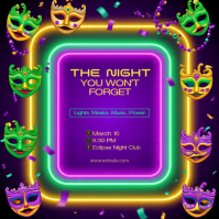 Masquerade Night Party Flyer | Neon Club Event Poster | Mardi Gras Style Nightlife Design Square (1:1) template