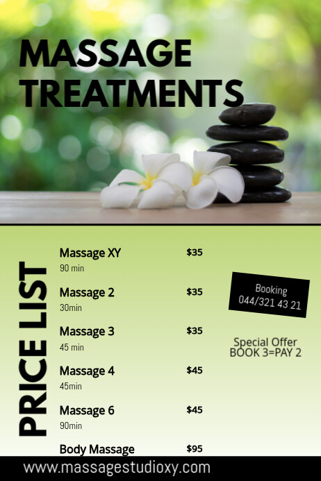 Massage Treatments Therapy Price List spa ad Poster template