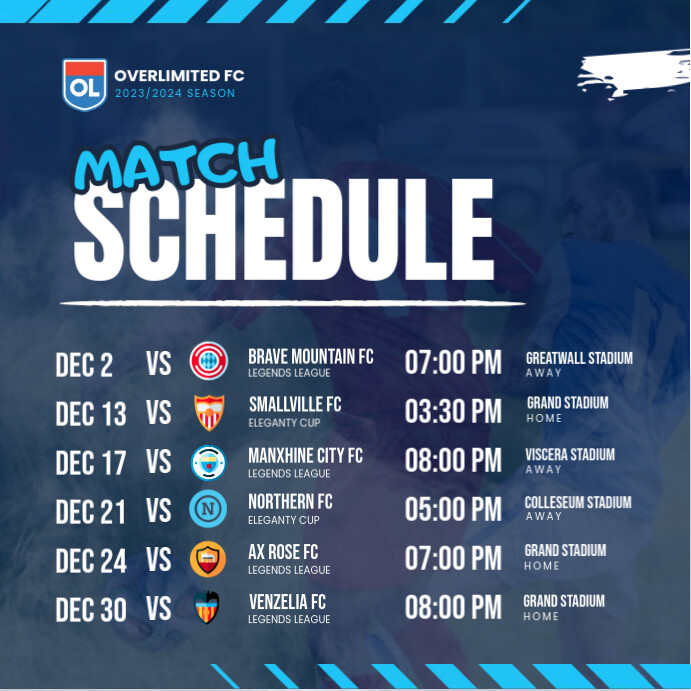Sample Match Match Schedule in one month Template | PosterMyWall