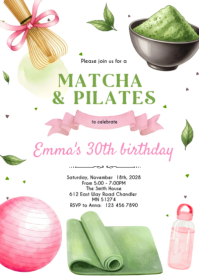 Matcha and pilates party invitation A6 template