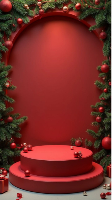 Maximalist “christmas Red Podium Background With Holiday Decorations” Digital Display (9:16) template