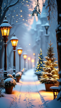 Maximalist “magical Winter Street With Snow And Christmas Lights” Digital Display (9:16) template