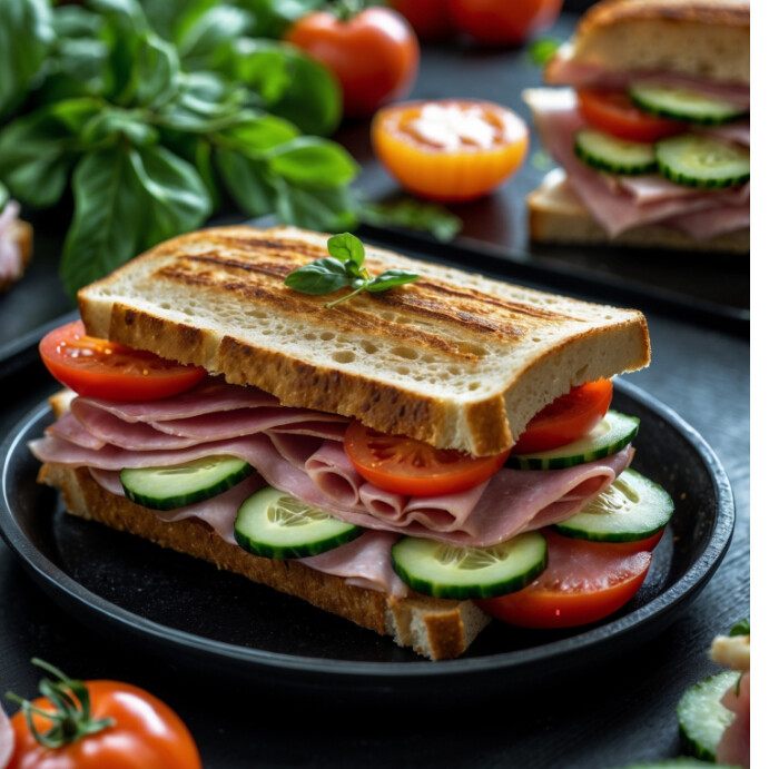 Maximalist A Perfectly Symmetrical Sandwich With Ham, Tomatoes, And Cucumbers On A Dish Atop A Black Instagram Post template