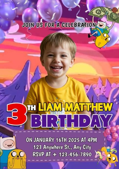 Maximalist Adventure Time Birthday Invitations A4 template