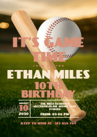 Maximalist base bat and ball In Field Birthday Invitation A5 template