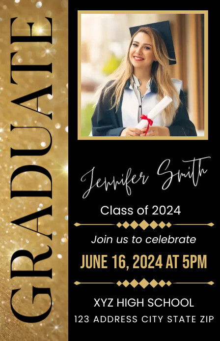 Maximalist Black And Gold Graduation Invitati Halfbladsy Breed template