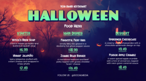 Maximalist dark blue Special Halloween Food Menu Digital Display (16:9) template