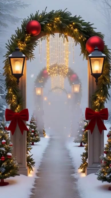 Maximalist Magical Christmas Pathway With Lights And Red Bows Digital ...
