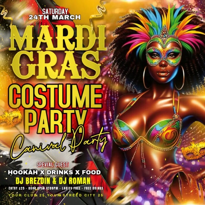 Maximalist Mardi Gras Costume Carnival Party Flyer Square (1:1) template