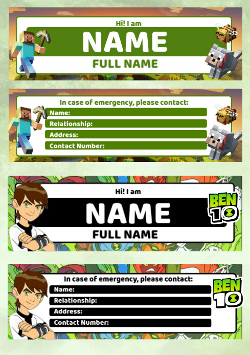 Maximalist Mine Craft And Ben 10 Theme Nametags A4 template