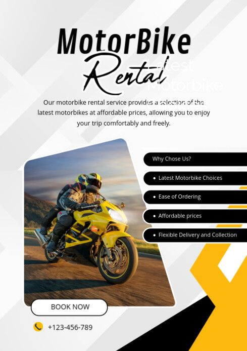 Maximalist Motorbike Rental Ad Flyer Design A4 Template | PosterMyWall