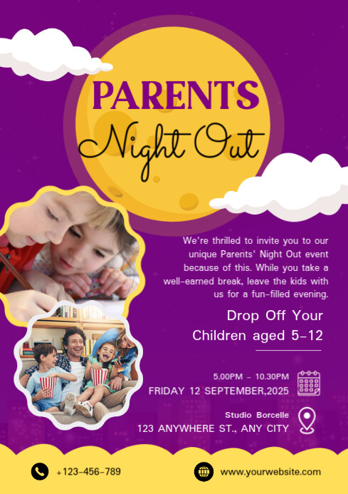 Maximalist Parents Night Out Child Care Ad Flyer Design A4 template