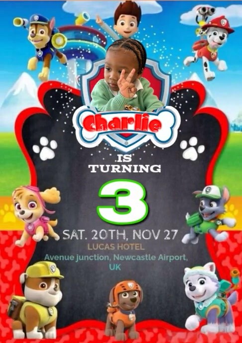 Maximalist Paw Patrol Birthday Party Theme Invitation Card  A4 template
