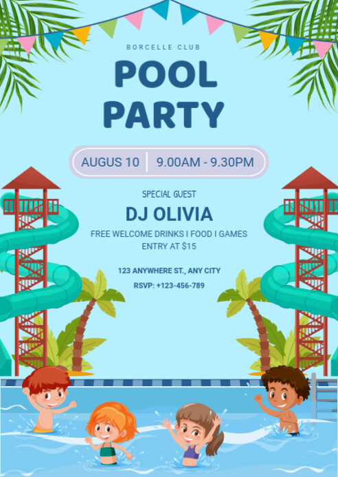 Maximalist Pool Party Ad Flyer Design A6 template