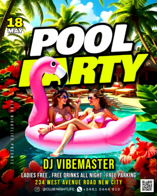 Maximalist Pool Party  Music Dj Swimming Bash Night Outdoor Event Promotion Flyer Template Poster De Instagram Portrait