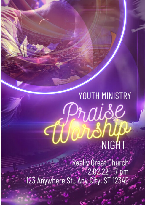 Maximalist Purple Neon Modern Church Praise & Worship Flyer A4 template