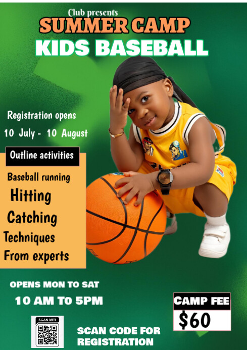 Maximalist Summer Camp Baseball Kids A4 Template | PosterMyWall