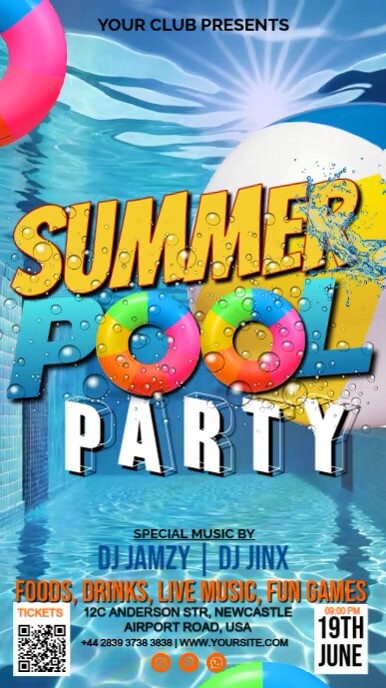 Maximalist Summer Pool Party Invitation Video  Digital Display (9:16) template