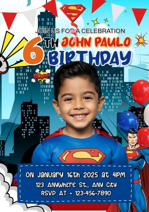 Maximalist Super Man Birthday Invitation A4 template