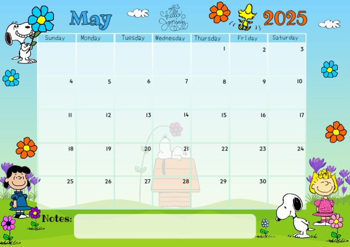 May Calendar 2025 Spring  Snoopy A4 template