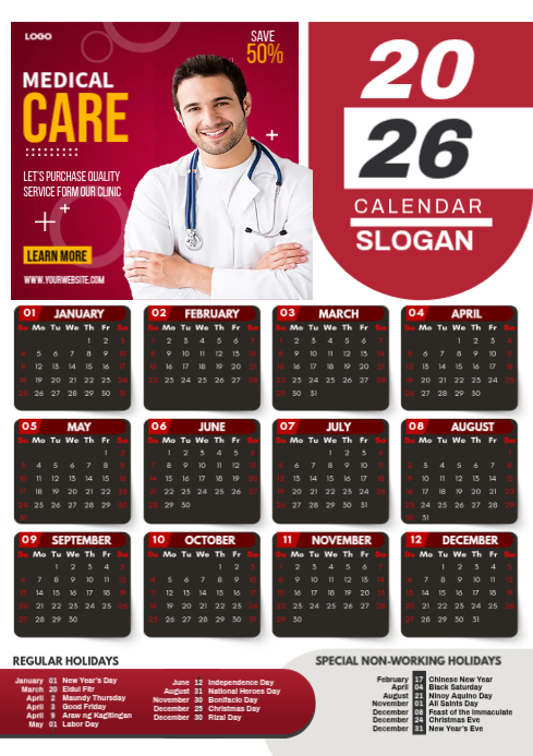 White Medical Calendar 2026 A4 Template | PosterMyWall