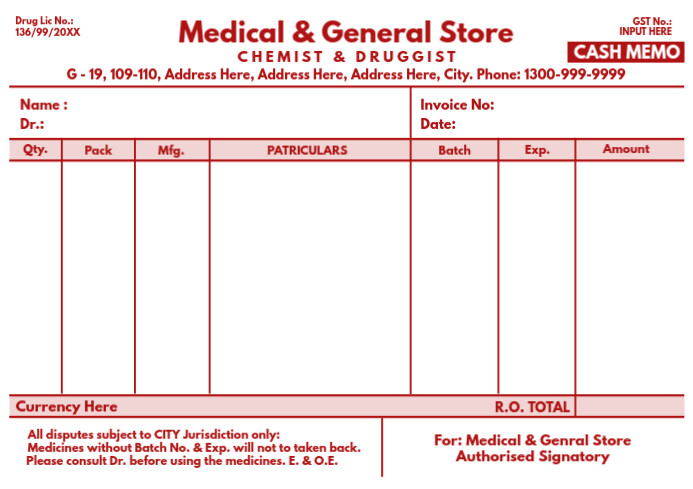 Medical Store Cash Memo Receipt A4 template