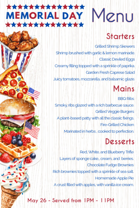 Memorial Day Menu Restaurant Specials Poster template