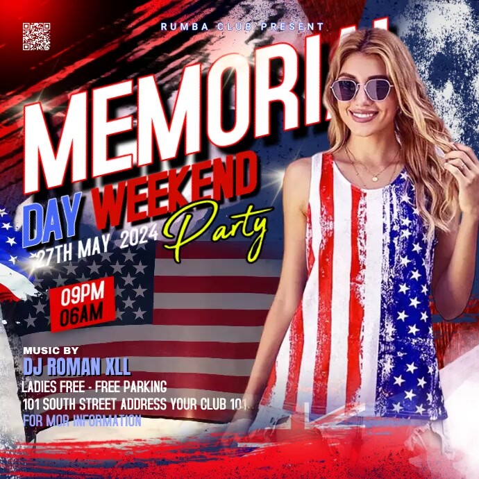 Memorial day weekend party video flyer สี่เหลี่ยมจัตุรัส (1:1) template