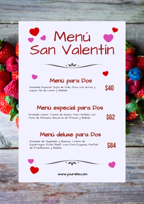 Menú San Valentín para Restaurantes A4 template