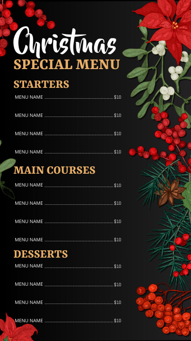 menu, christmas menu, christmas Digital Display (9:16) template